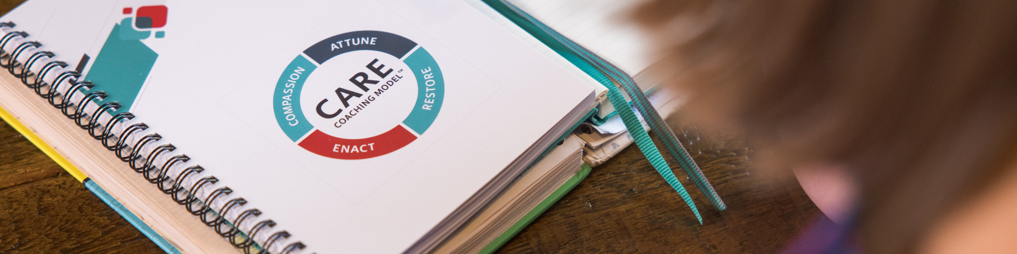 Close-up of a spiral-bound notebook on a wooden table showing a “CARE Coaching Model” diagram with the words Compassion, Attune, Enact, and Restore arranged in a circle, with an open notepad and coffee cup nearby.
